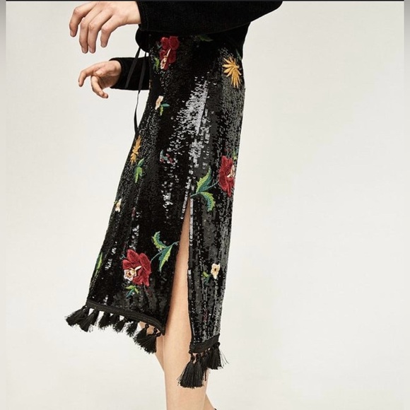 NWT!! ZARA embroidered sequin tassel midi skirt - Picture 3 of 8